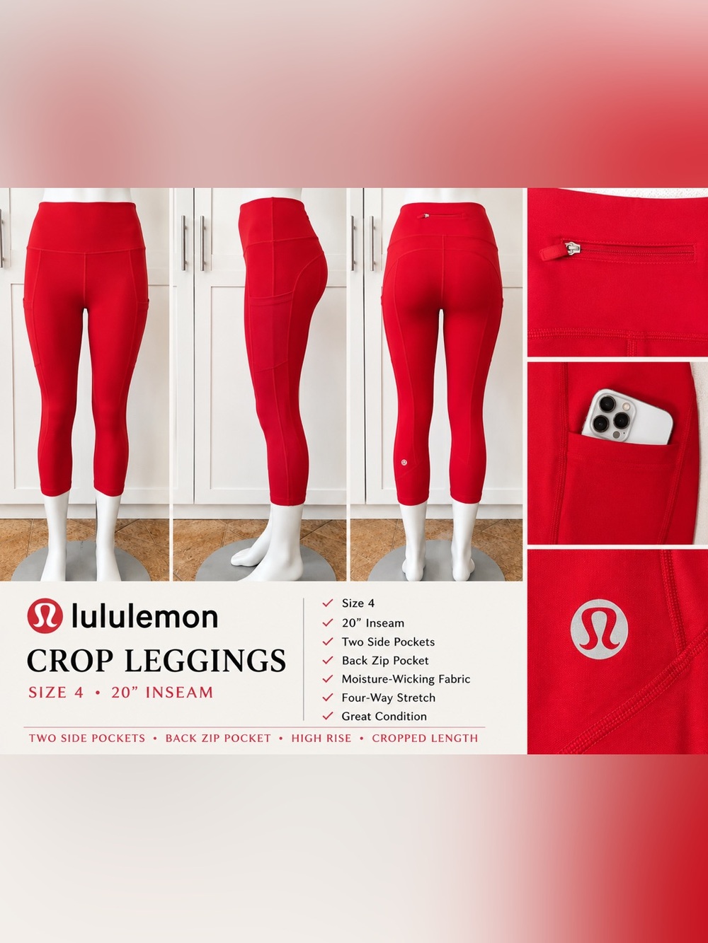 Lululemon Crop Leggings Size 4 Red Running / Yoga Pants